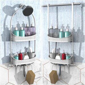 Shower Caddy Hanging Bathroom Organizer Rustproof Anti Swing 2 Tier Shelf Hooks